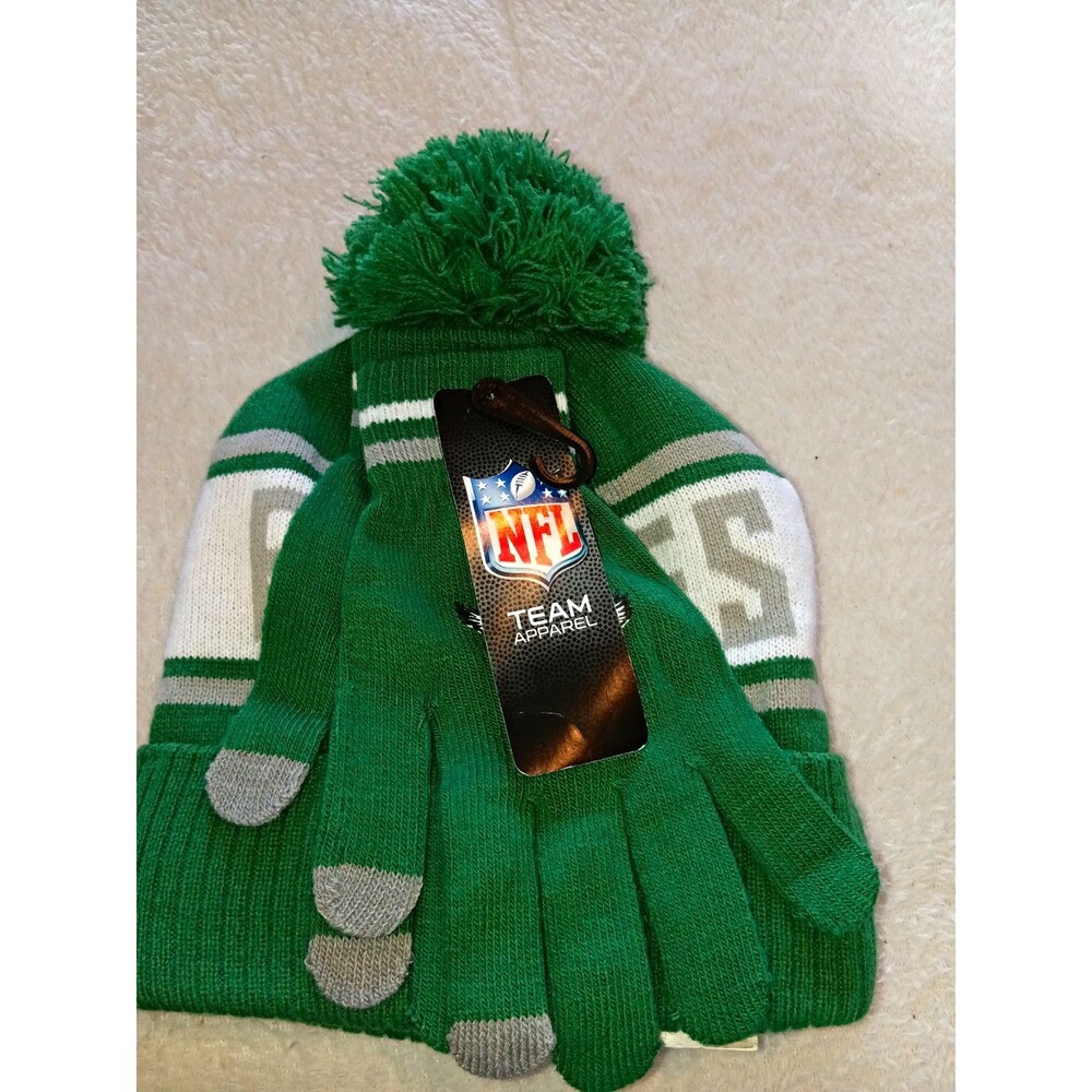 NWT Philadelphia Eagles Green Knit Pom Beanie Hat & Gloves Set NFL Streetwear Bu